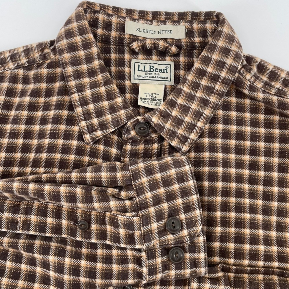 L.L Bean Men's L Tall Slightly Fitted Flannel Shirt Brown Plaid Cotton 298242